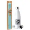 Easter Set, metallic stainless steel water bottle (750ml) & aromatic flat Easter candle (30cm) (TURQUOISE)