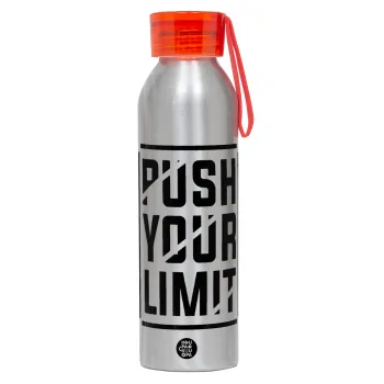 Push your limit, Αλουμινένιο Αθλητικό Μπουκάλι 650ml – Ασημί με Κόκκινο Καπάκι και Λουράκι Σιλικόνης