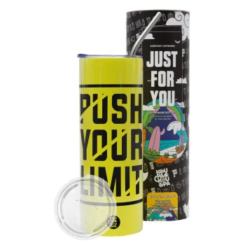 Push your limit, Neon Yellow Travel Tumbler θερμό, μεταλλικό καλαμάκι(Ανωξείδωτο 304 Food grade, BPA free, 600ml)