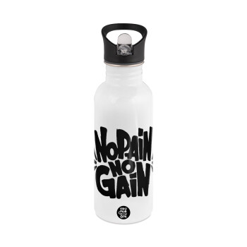 No pain no gain, White water bottle with straw, stainless steel 600ml