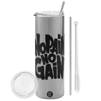 No pain no gain, Tumbler stainless steel Silver 600ml, with metal straw & cleaning brush