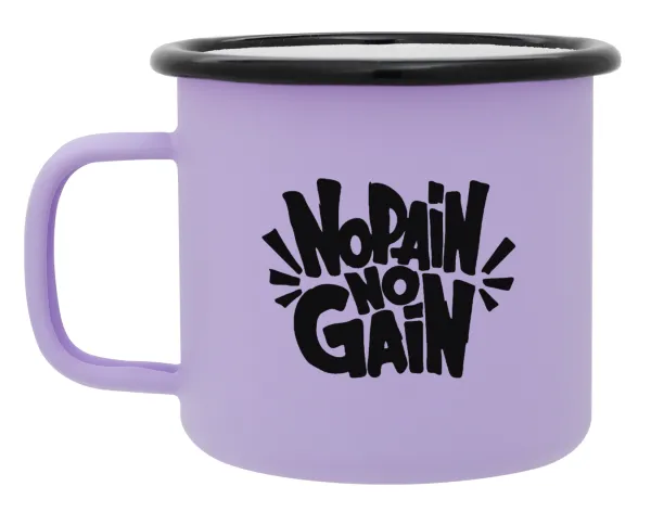 No pain no gain — Metal enamel mug, matte light pastel purple, 360ml