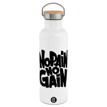 No pain no gain, Μεταλλικό παγούρι θερμός (Stainless steel) Λευκό με ξύλινο καπάκι (bamboo), διπλού τοιχώματος, 750ml