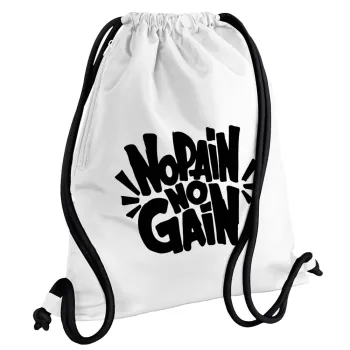 No pain no gain, Backpack pouch GYMBAG white, with pocket (40x48cm) & thick cords