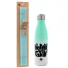 Easter Set, Metallic green/white thermos (Stainless steel), double-walled, 500ml & scented flat Easter candle (30cm) (TURQUOISE)