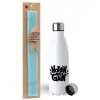 Easter Set, metallic stainless steel water bottle (750ml) & aromatic flat Easter candle (30cm) (TURQUOISE)
