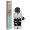 Easter Set, metallic silver aluminum water bottle (500ml) & scented flat Easter candle (30cm) (TURQUOISE)
