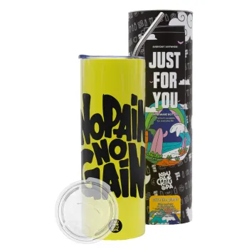 No pain no gain, Neon Yellow Travel Tumbler θερμό, μεταλλικό καλαμάκι(Ανωξείδωτο 304 Food grade, BPA free, 600ml)