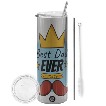 King, Best dad ever, Eco friendly stainless steel Silver tumbler 600ml, with metal straw & cleaning brush