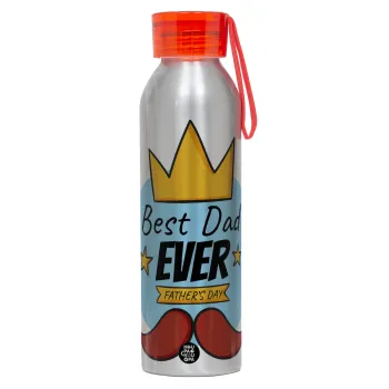 King, Best dad ever, Αλουμινένιο Αθλητικό Μπουκάλι 650ml – Ασημί με Κόκκινο Καπάκι και Λουράκι Σιλικόνης