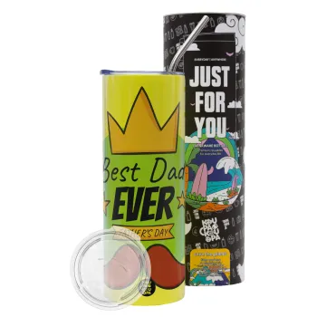 King, Best dad ever, Neon Yellow Travel Tumbler θερμό, μεταλλικό καλαμάκι(Ανωξείδωτο 304 Food grade, BPA free, 600ml)