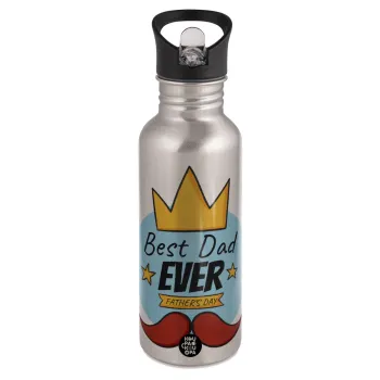 King, Best dad ever, Παγούρι νερού Ασημένιο με καλαμάκι, ανοξείδωτο ατσάλι 600ml