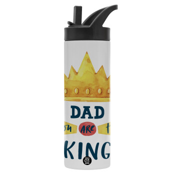 Dad you are the King, Μεταλλικό παγούρι θερμός με καλαμάκι & χειρολαβή, ανοξείδωτο ατσάλι (Stainless steel 304), διπλού τοιχώματος, 600ml