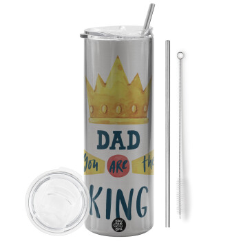 Dad you are the King, Eco friendly ποτήρι θερμό Ασημένιο (tumbler) από ανοξείδωτο ατσάλι 600ml, με μεταλλικό καλαμάκι & βούρτσα καθαρισμού