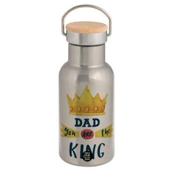 Dad you are the King, Μεταλλικό παγούρι θερμός (Stainless steel) Ασημένιο με ξύλινο καπακι (bamboo), διπλού τοιχώματος, 350ml