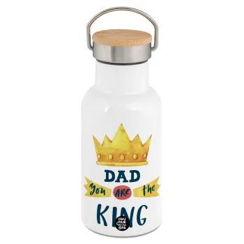 Dad you are the King, Μεταλλικό παγούρι θερμός (Stainless steel) Λευκό με ξύλινο καπακι (bamboo), διπλού τοιχώματος, 350ml