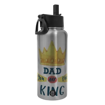 Dad you are the King, Metal mug thermo Silver with Straw and Spout Lid (Stainless steel), double wall, 950ml