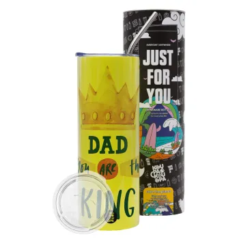 Dad you are the King, Neon Yellow Travel Tumbler θερμό, μεταλλικό καλαμάκι(Ανωξείδωτο 304 Food grade, BPA free, 600ml)