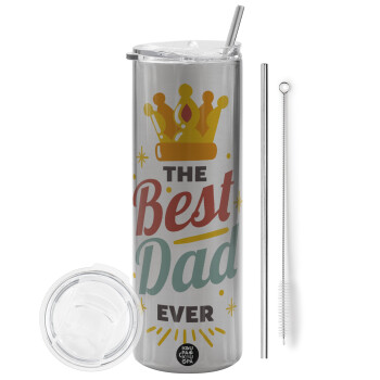 The Best DAD ever, Eco friendly stainless steel Silver tumbler 600ml, with metal straw & cleaning brush