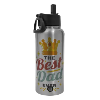 The Best DAD ever, Metal mug thermo Silver with Straw and Spout Lid (Stainless steel), double wall, 950ml