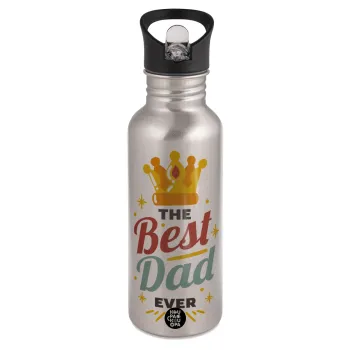 The Best DAD ever, Παγούρι νερού Ασημένιο με καλαμάκι, ανοξείδωτο ατσάλι 600ml
