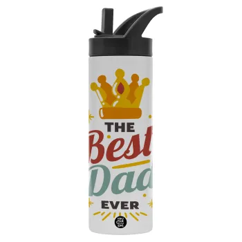 The Best DAD ever, Μεταλλικό παγούρι θερμός με καλαμάκι & χειρολαβή, ανοξείδωτο ατσάλι (Stainless steel 304), διπλού τοιχώματος, 600ml