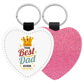 The Best DAD ever, Μπρελόκ PU δερμάτινο glitter καρδιά ΡΟΖ