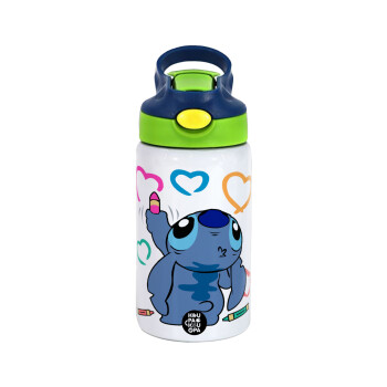 Lilo & Stitch painting, Παιδικό παγούρι θερμό, ανοξείδωτο, με καλαμάκι ασφαλείας, πράσινο/μπλε (350ml)