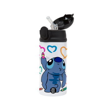 Lilo & Stitch painting, Children's hot water bottle, stainless steel, with safety straw, Black (360ml) BPA-FREE