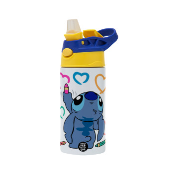 Lilo & Stitch painting, Παιδικό παγούρι θερμό, ανοξείδωτο, με καλαμάκι ασφαλείας, πράσινο/μπλε (360ml) BPA FREE