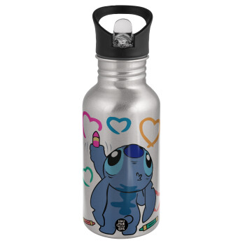 Lilo & Stitch painting, Water bottle Silver with straw, stainless steel 500ml