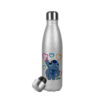 Lilo & Stitch painting, Μεταλλικό παγούρι θερμός Glitter Aσημένιο (Stainless steel), διπλού τοιχώματος, 500ml