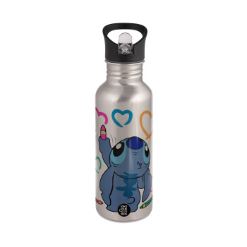 Lilo & Stitch painting, Water bottle Silver with straw, stainless steel 600ml