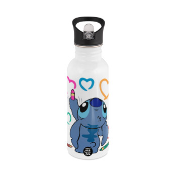 Lilo & Stitch painting, White water bottle with straw, stainless steel 600ml