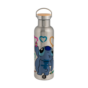 Lilo & Stitch painting, Stainless steel Silver with wooden lid (bamboo), double wall, 750ml