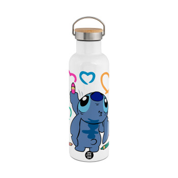 Lilo & Stitch painting, Stainless steel White with wooden lid (bamboo), double wall, 750ml