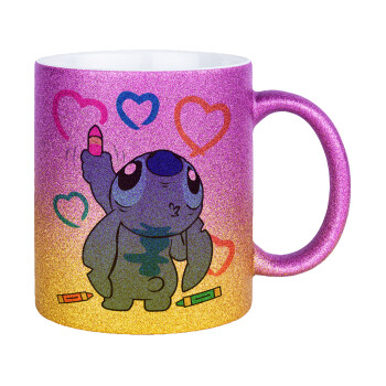 Lilo & Stitch painting, Κούπα Χρυσή/Ροζ Glitter, κεραμική, 330ml