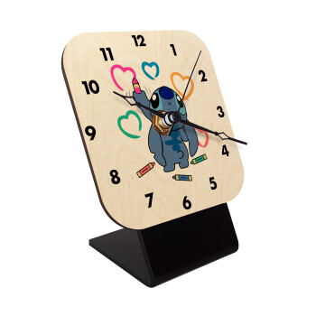 Lilo & Stitch painting, Quartz Table clock in natural wood (10cm)