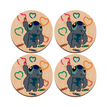 Lilo & Stitch painting, ΣΕΤ x4 Σουβέρ ξύλινα στρογγυλά plywood (9cm)