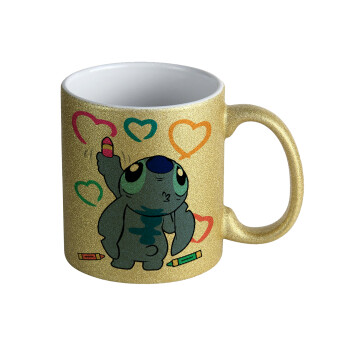 Lilo & Stitch painting, Κούπα Χρυσή Glitter που γυαλίζει, κεραμική, 330ml