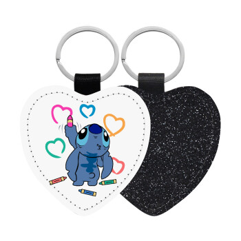 Lilo & Stitch painting, Μπρελόκ PU δερμάτινο glitter καρδιά ΜΑΥΡΟ