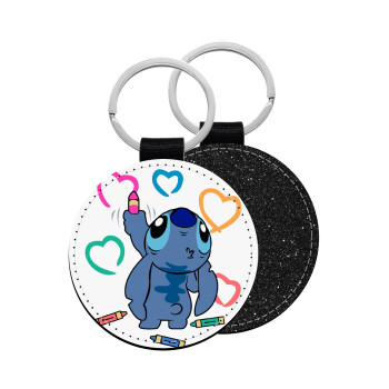 Lilo & Stitch painting, Μπρελόκ Δερματίνη, στρογγυλό ΜΑΥΡΟ (5cm)