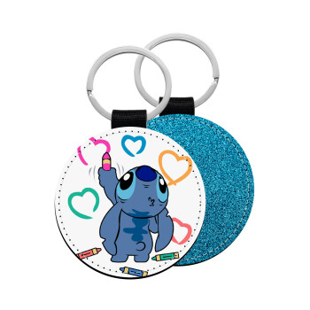 Lilo & Stitch painting, Μπρελόκ Δερματίνη, στρογγυλό ΜΠΛΕ (5cm)