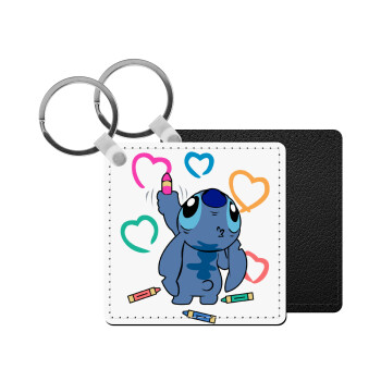 Lilo & Stitch painting, Μπρελόκ Δερματίνη, τετράγωνο ΜΑΥΡΟ (5x5cm)