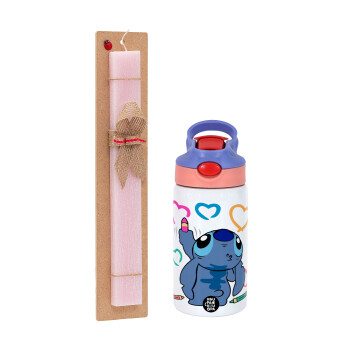 Lilo & Stitch painting, Easter Set, Children's thermal stainless steel water bottle with safety straw, pink/purple (350ml) & Easter scented flat candle (30cm) (PINK)