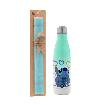 Lilo & Stitch painting, Πασχαλινή Λαμπάδα με Μεταλλικό παγούρι θερμός Πράσινο/Λευκό (Stainless steel), διπλού τοιχώματος, 500ml & κερί αρωματικό πλακέ (30cm) (ΤΙΡΚΟΥΑΖ)