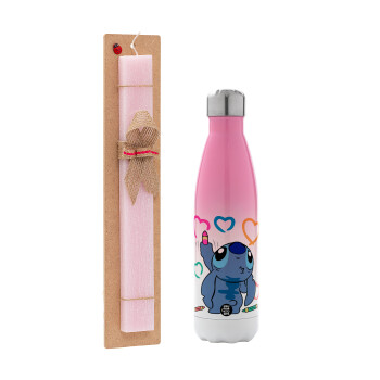 Lilo & Stitch painting, Easter Set, Metallic pink/white (Stainless steel) thermos, double-walled, 500ml & aromatic flat Easter candle (30cm) (PINK)
