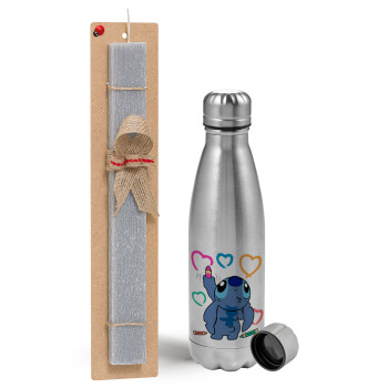 Lilo & Stitch painting, Easter Set, metallic Inox water bottle (750ml) & aromatic flat Easter candle (30cm) (GRAY)