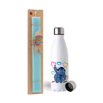 Lilo & Stitch painting, Easter Set, metallic stainless steel water bottle (750ml) & aromatic flat Easter candle (30cm) (TURQUOISE)