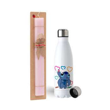 Lilo & Stitch painting, Easter Set, metallic stainless steel water bottle (750ml) & scented flat Easter candle (30cm) (PINK)